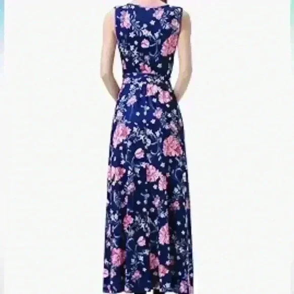 Sleeveless V Neck Vintage Floral Faux Wrap Maxi Dress (M) - Picture 2 of 5